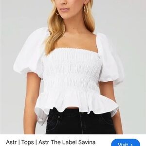 Astr White Smocked Peplum Puff-Sleeve Top
